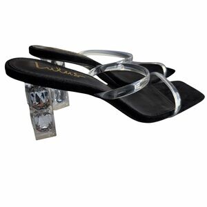 Lulus Women’s Heels Size 11 Clear Strap Black Sandals Crystal Block Heel NWOT